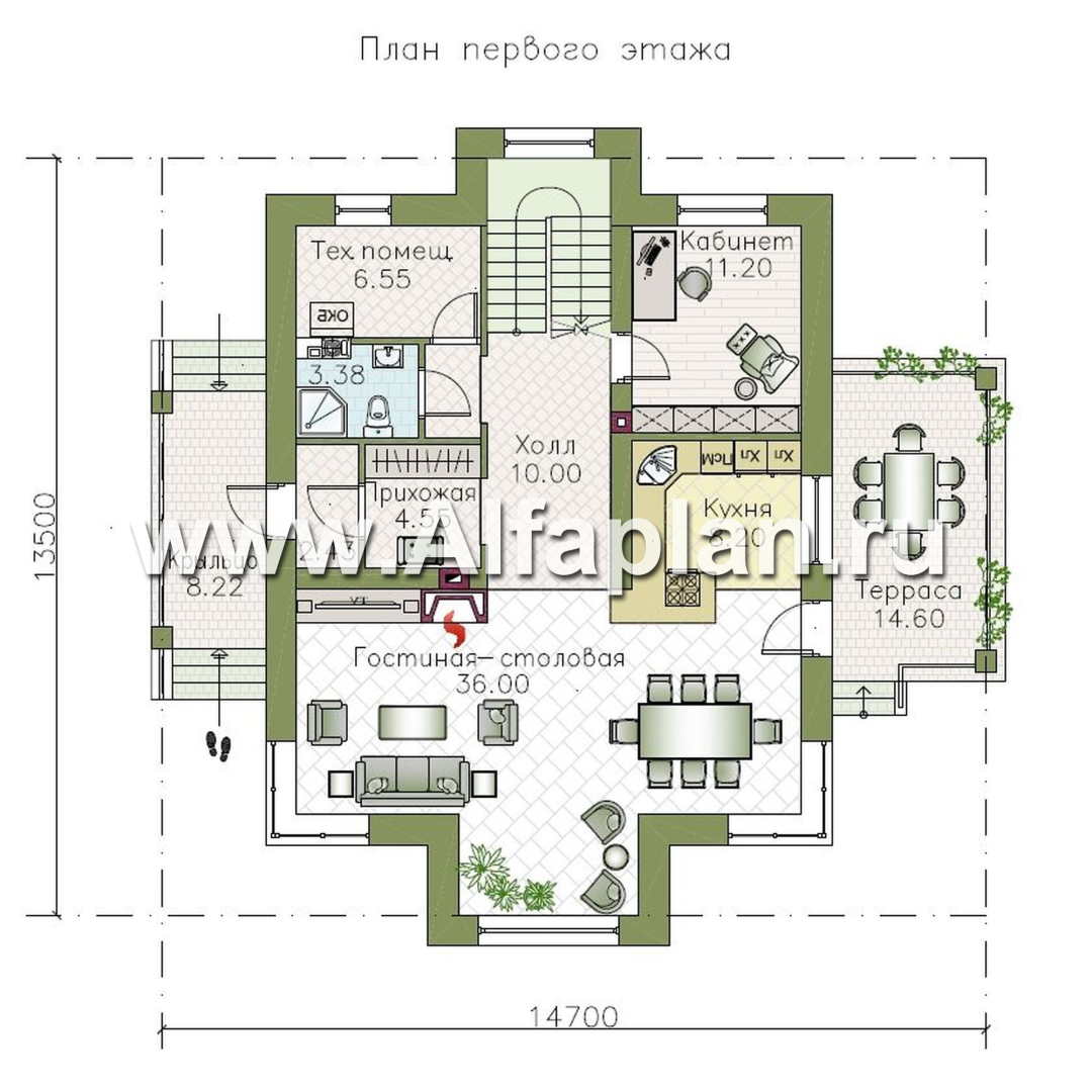 «Воплощение» - проект дома с мансардой из газоблоков, планировка с кабинетом на 1 эт, коттедж под пирамидальной кровлей - план дома