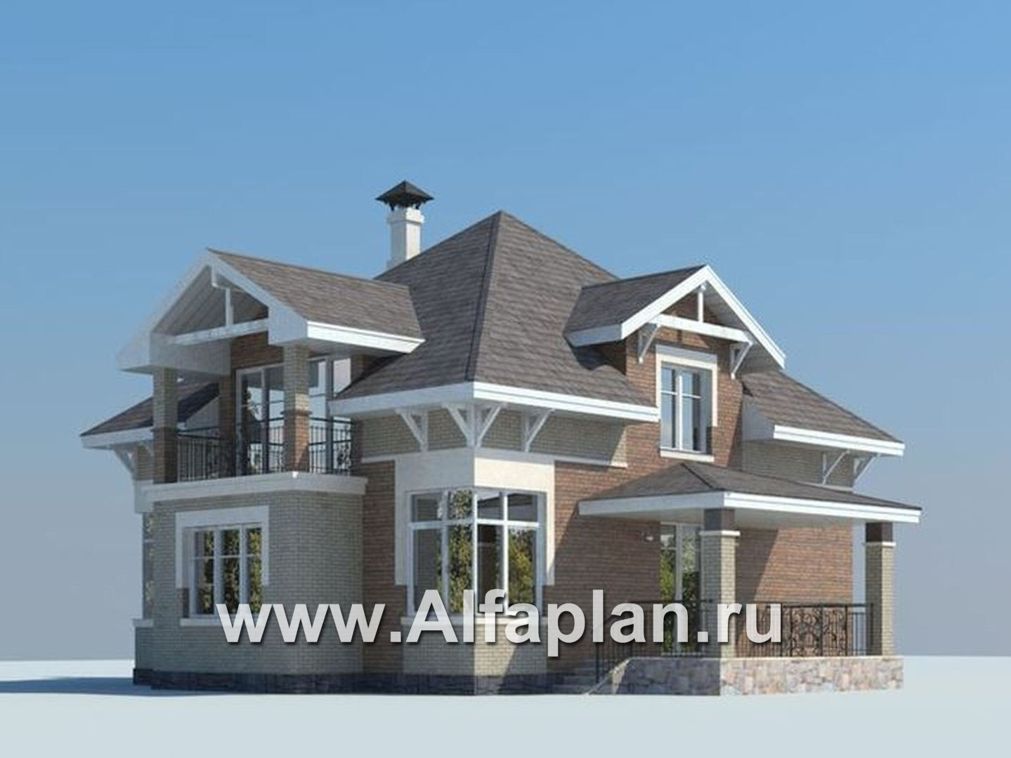 «Воплощение» - проект дома с мансардой из газоблоков, планировка с кабинетом на 1 эт, коттедж под пирамидальной кровлей - дизайн дома №1