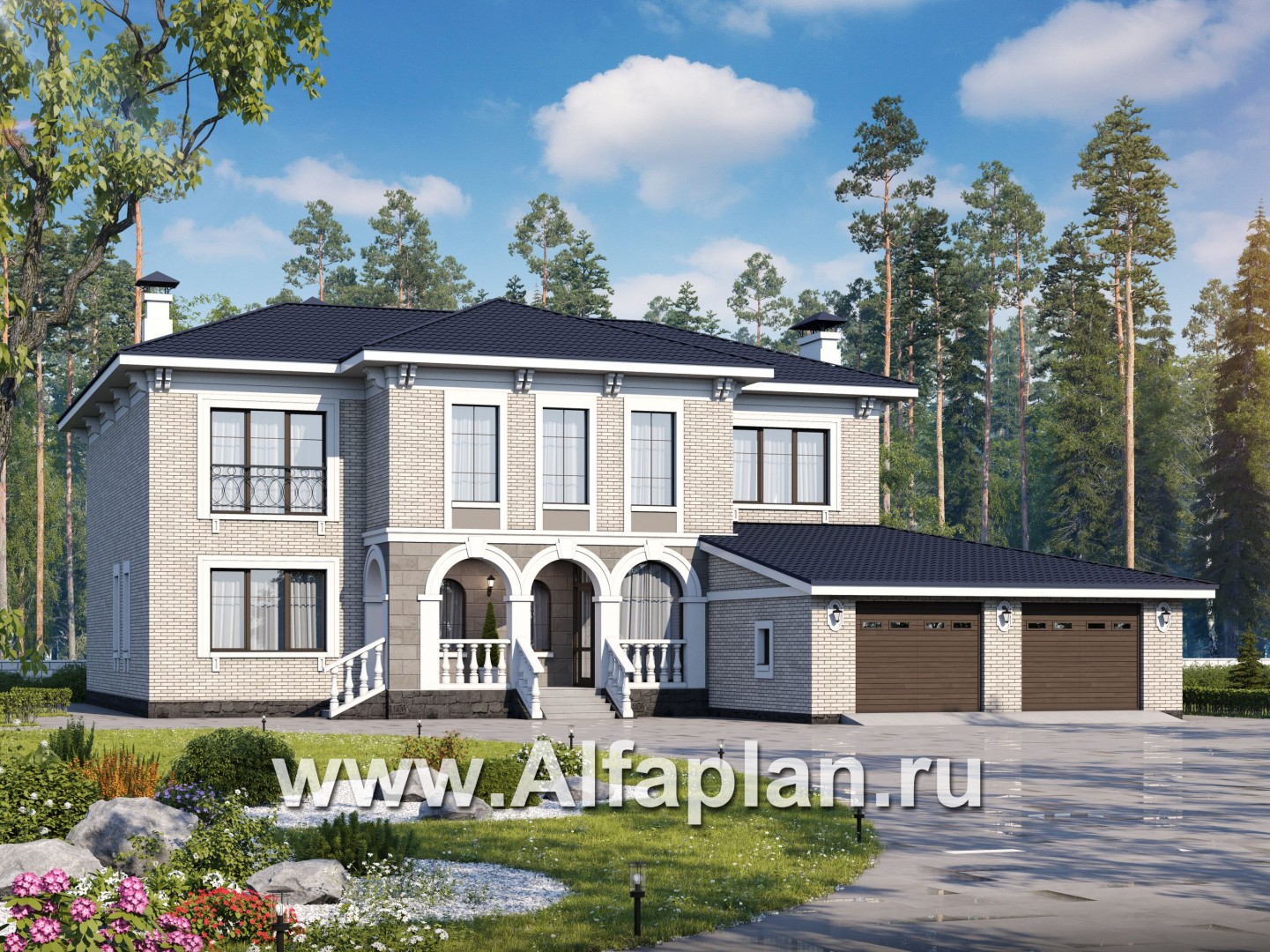 «Меньшиков» - проект двухэтажного дома, с террасой и с гаражом,вилла в стиле эклектика - основное изображение