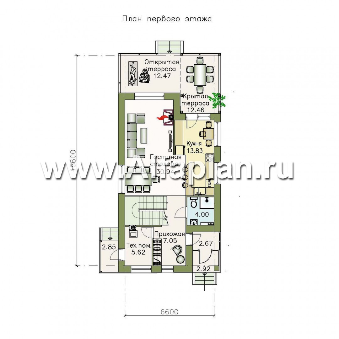 «Гольфстрим» - проект дома с мансардой в скандинавском стиле, с террасой, для узкого участка - план дома