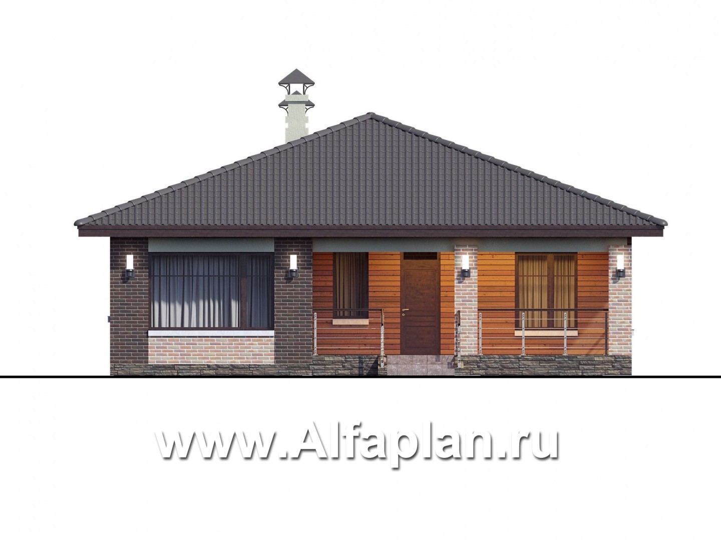 Проекты домов Альфаплан - «Онега» - компактный одноэтажный коттедж с двумя спальнями - изображение фасада №1