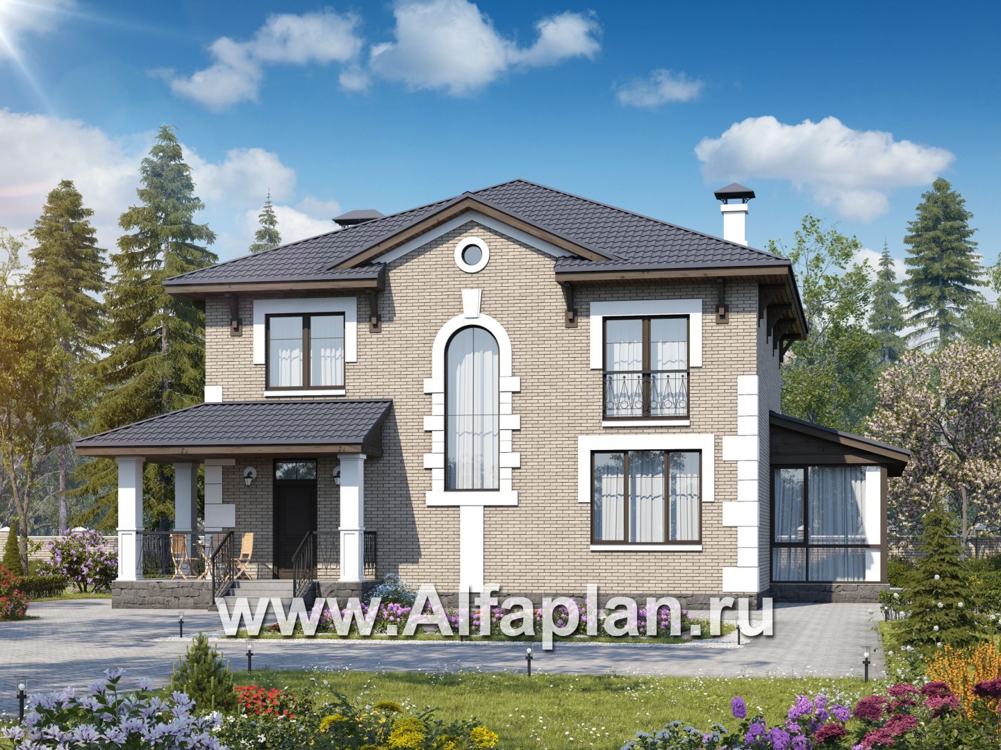 «Земляничная поляна» - проект двухэтажного дома, с большой верандой, мастер спальня - основное изображение