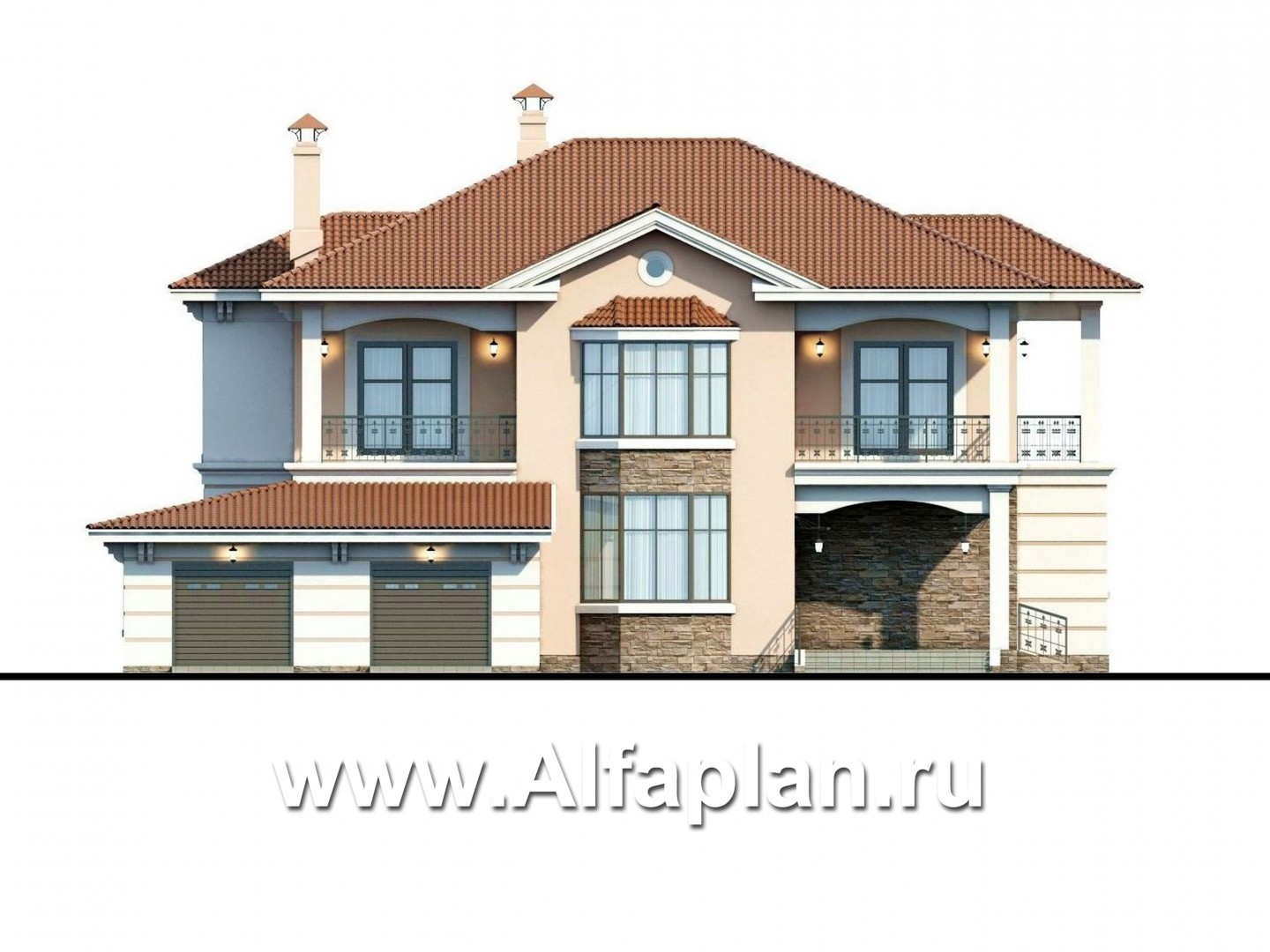 «Первый класс» - проект двухэтажного дома из кирпича, вилла, планировка со вторым светом и с эркером, с гаражом на 2 авто - фасад дома