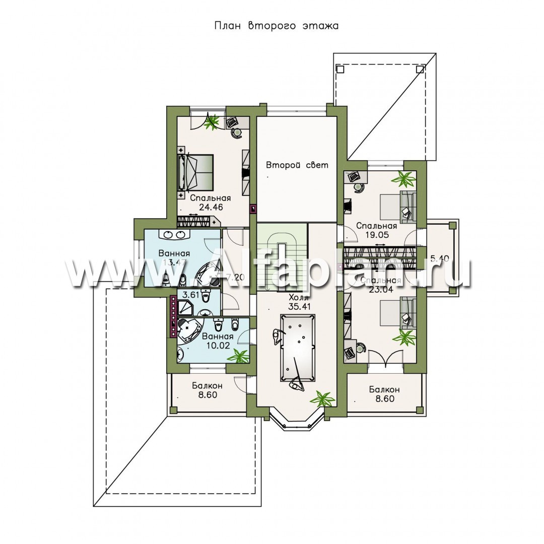 «Первый класс» - проект двухэтажного дома из кирпича, вилла, планировка со вторым светом и с эркером, с гаражом на 2 авто - план дома