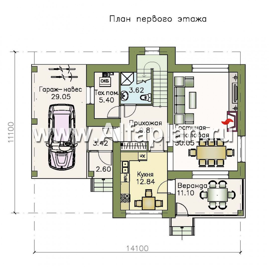 «Знаменка» - проект двухэтажного дома из газобетона, планировка с эркером и с террасой, с навесом на 1 авто - план дома