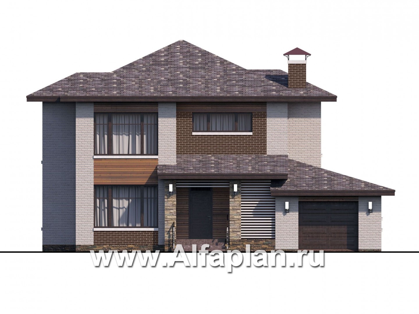 «Эридан» - красивый проект двухэтажного дома из кирпича, с террасой и сгаражом, в современном стиле - фасад дома
