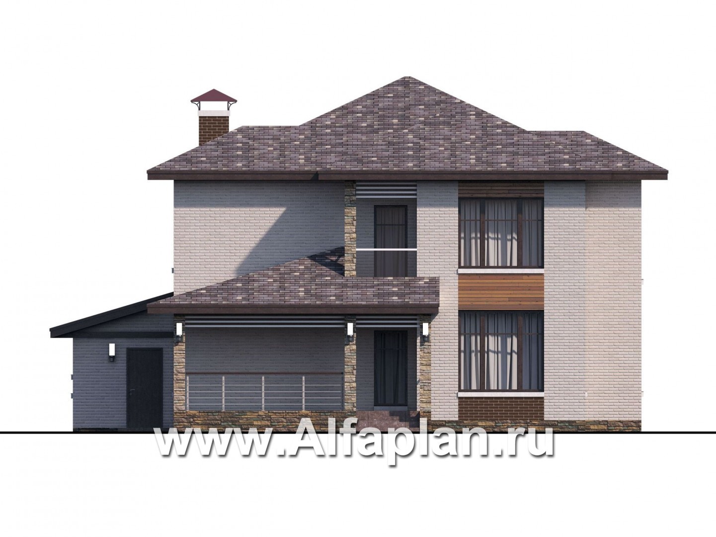 «Эридан» - красивый проект двухэтажного дома из кирпича, с террасой и сгаражом, в современном стиле - фасад дома