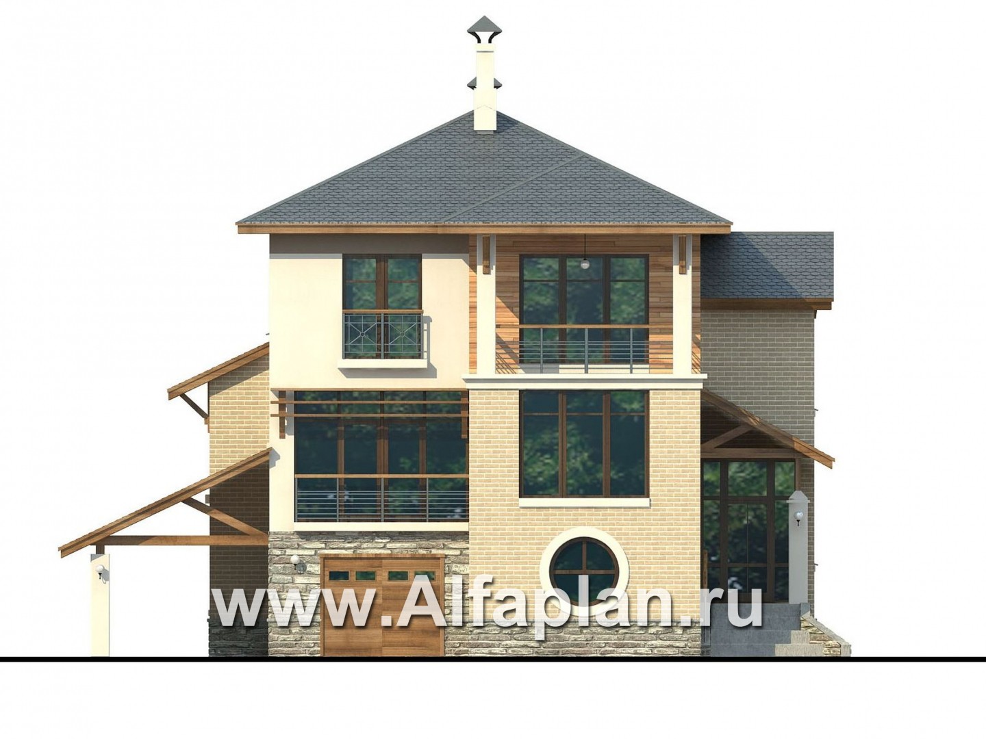 Проект трехэтажного дома из газобетона «Аура», с гаражом в цоколе, с сауной и спортзалом, с балконом и круглым окном - фасад дома