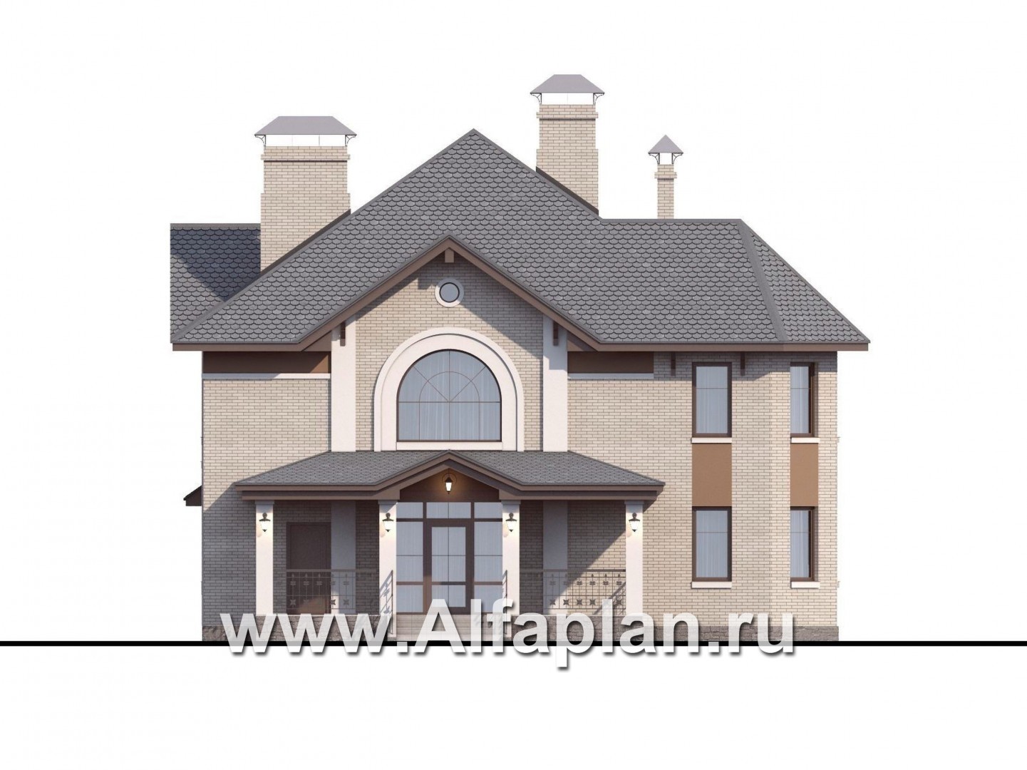 «Львиное сердце» - проект двухэтажного коттеджа, с эркером и с террасой, план дома с кабинетом на 1 эт - фасад дома