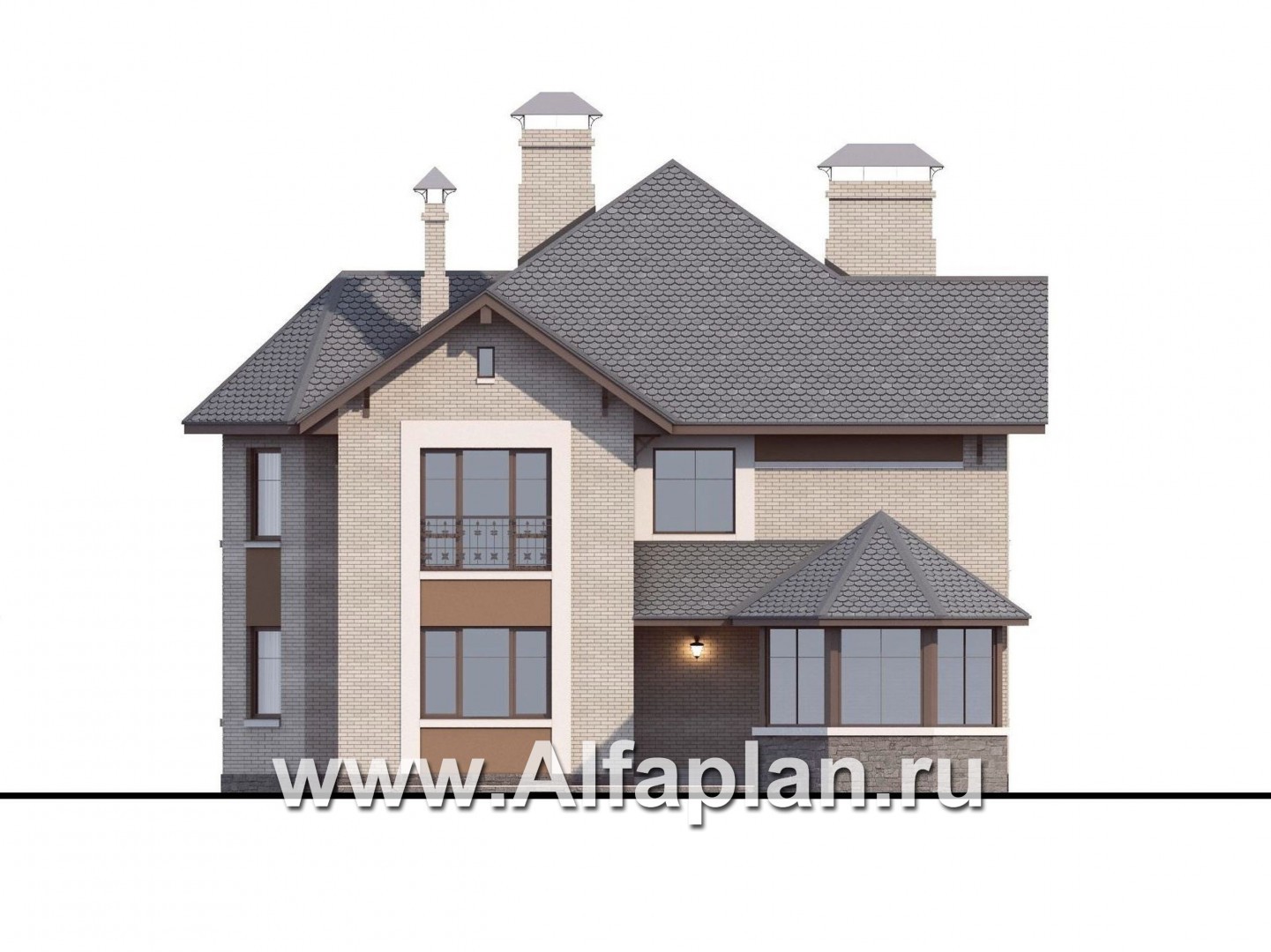 «Львиное сердце» - проект двухэтажного коттеджа, с эркером и с террасой, план дома с кабинетом на 1 эт - фасад дома