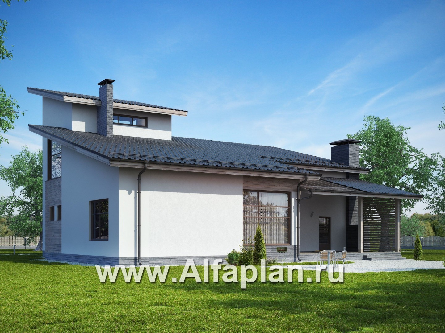 Проект дома с мансардой, планировка с кабинетом на 1 эт и со вторым светом гостиной, в скандинавском стиле - дизайн дома №1