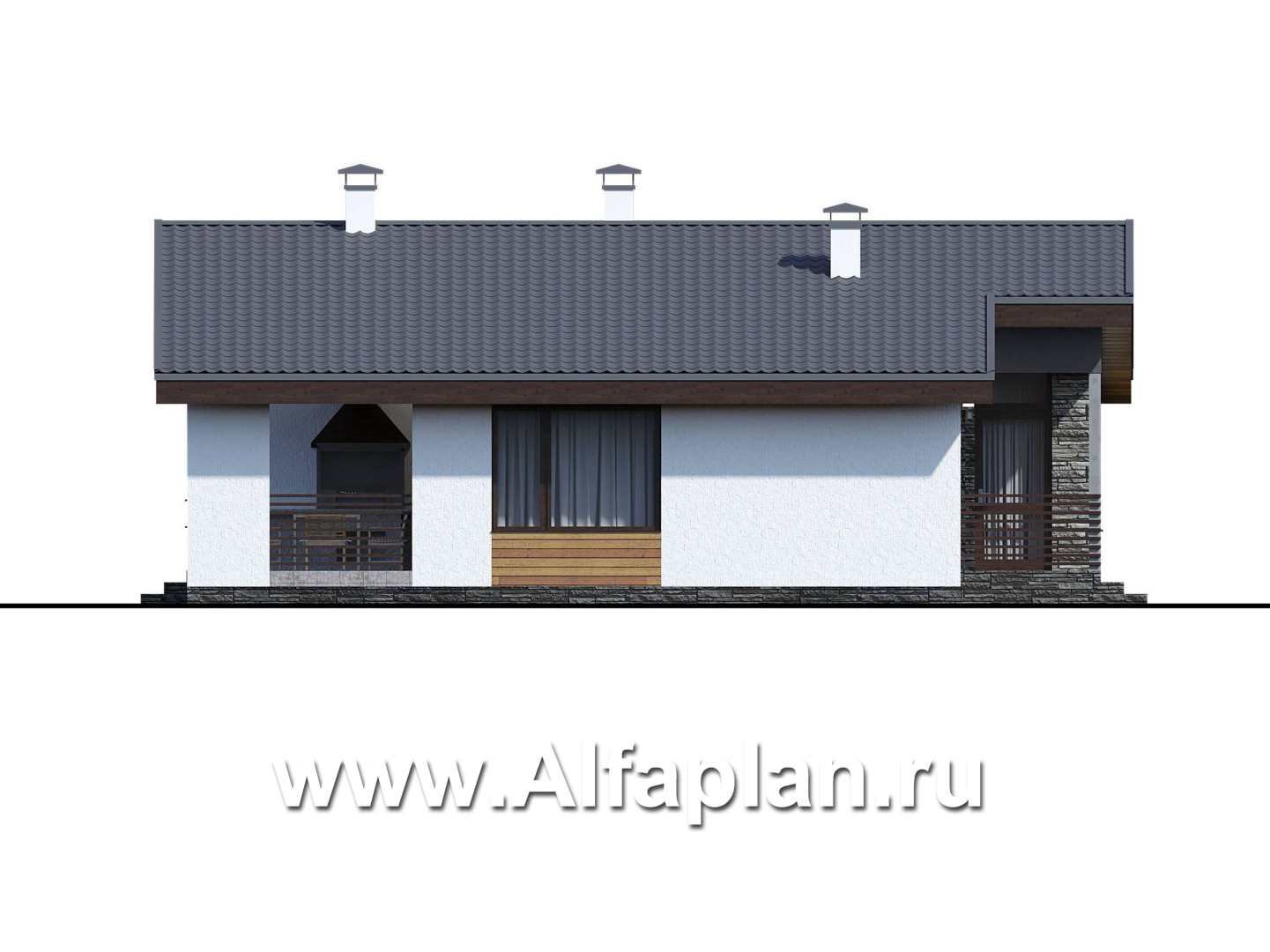 Проекты домов Альфаплан - «Калисто» - проект одноэтажного дома,  в скандинавском стиле, с террасой и с островным камином - изображение фасада №3
