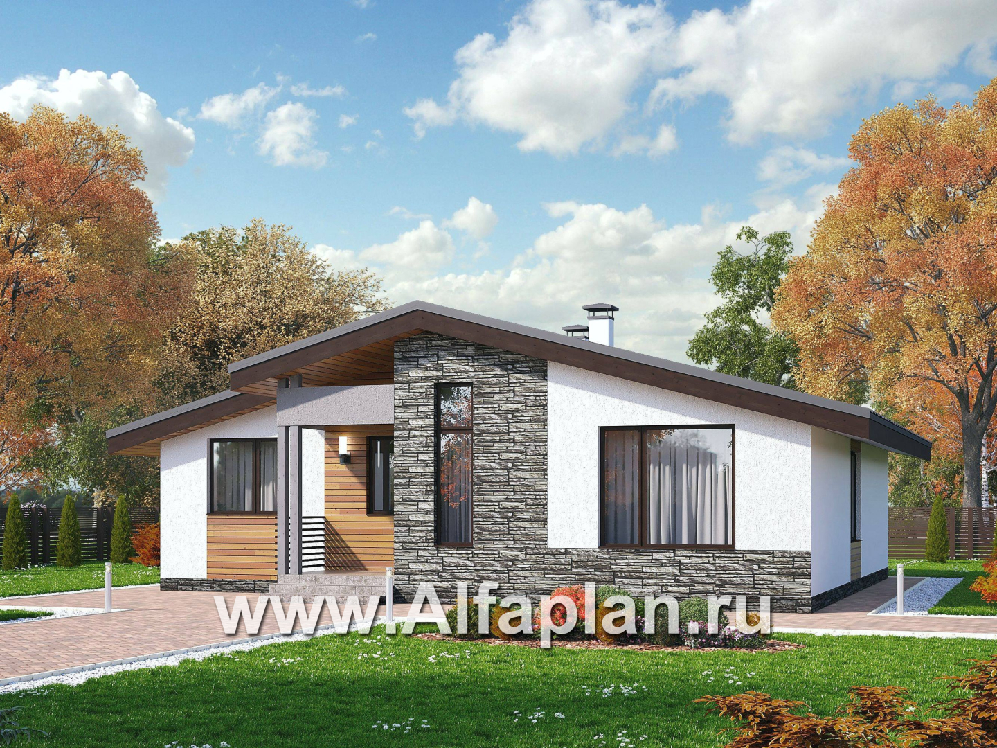 Проекты домов Альфаплан - «Калисто» - проект одноэтажного дома,  в скандинавском стиле, с террасой и с островным камином - дополнительное изображение №1