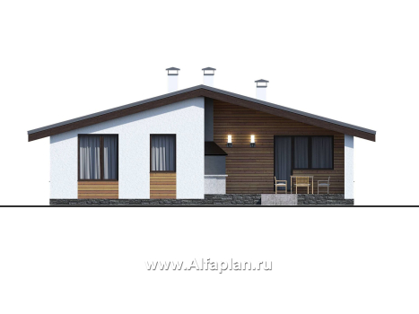 Проекты домов Альфаплан - «Калисто» - проект одноэтажного дома,  в скандинавском стиле, с террасой и с островным камином - превью фасада №4