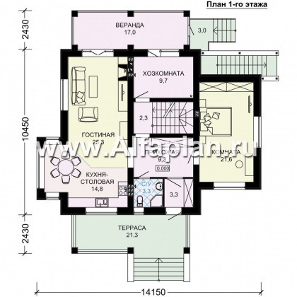 Проект двухэтажного дома, планировка с гостевой комнатой на 1 эт и с террасой, с цокольным этажом - превью план дома