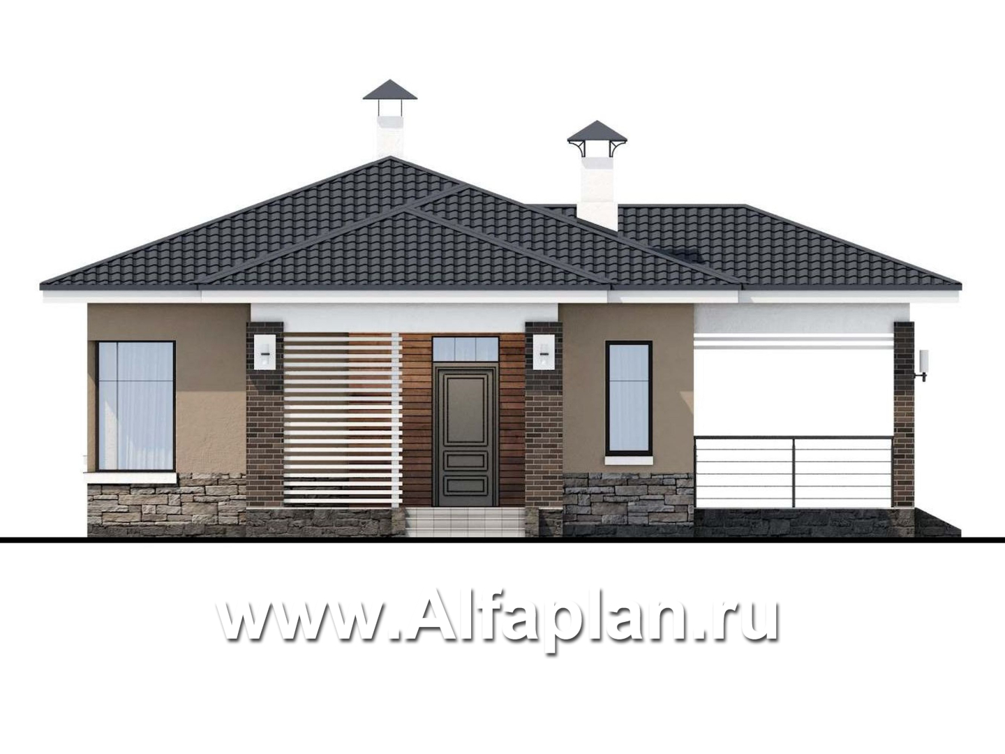 Проекты домов Альфаплан - «Аэда» - проект одноэтажного дома, 3 спальни, с остекленной верандой, в современном стиле - изображение фасада №1