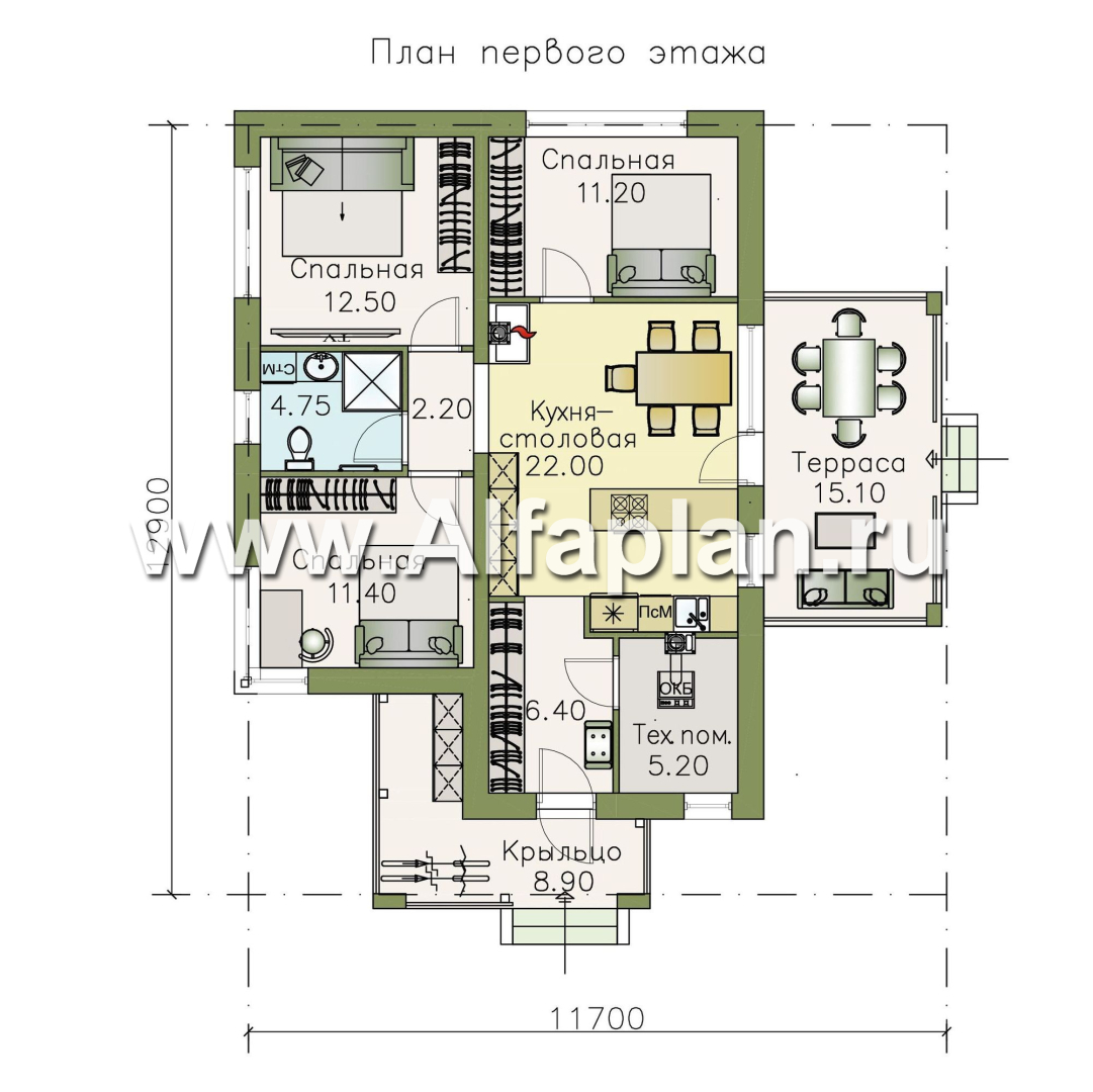 Проекты домов Альфаплан - «Аэда» - проект одноэтажного дома, 3 спальни, с остекленной верандой, в современном стиле - изображение плана проекта №1