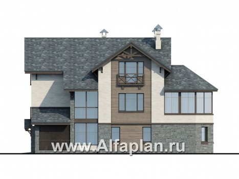 Проект трехэтажного дома, с гаражом и сауной, с террасой, цокольный этаж на уровне земли - превью фасада дома