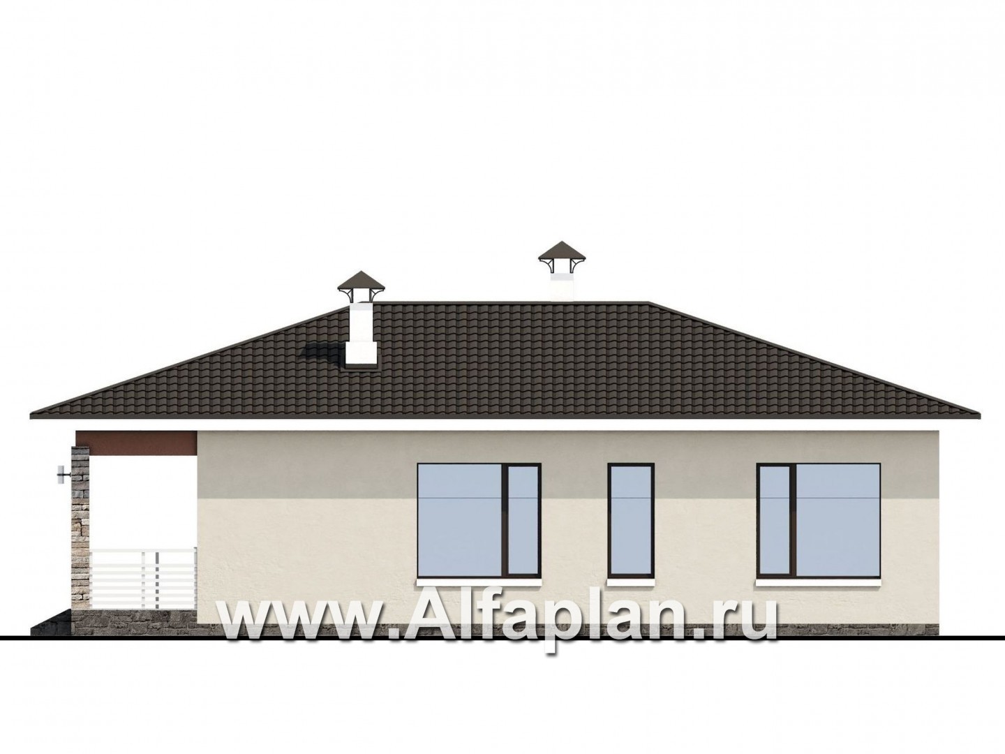 Проекты домов Альфаплан - «Мелета» - проект одноэтажного дома из газобетона, 3 спальни, с террасой на входе, в современном стиле - изображение фасада №2