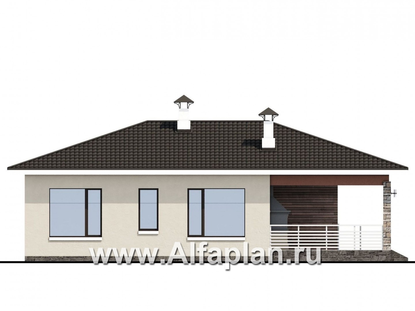 Проекты домов Альфаплан - «Мелета» - проект одноэтажного дома из газобетона, 3 спальни, с террасой на входе, в современном стиле - изображение фасада №3