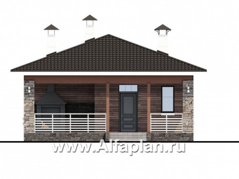Проекты домов Альфаплан - «Мелета» - проект одноэтажного дома из газобетона, 3 спальни, с террасой на входе, в современном стиле - превью фасада №1