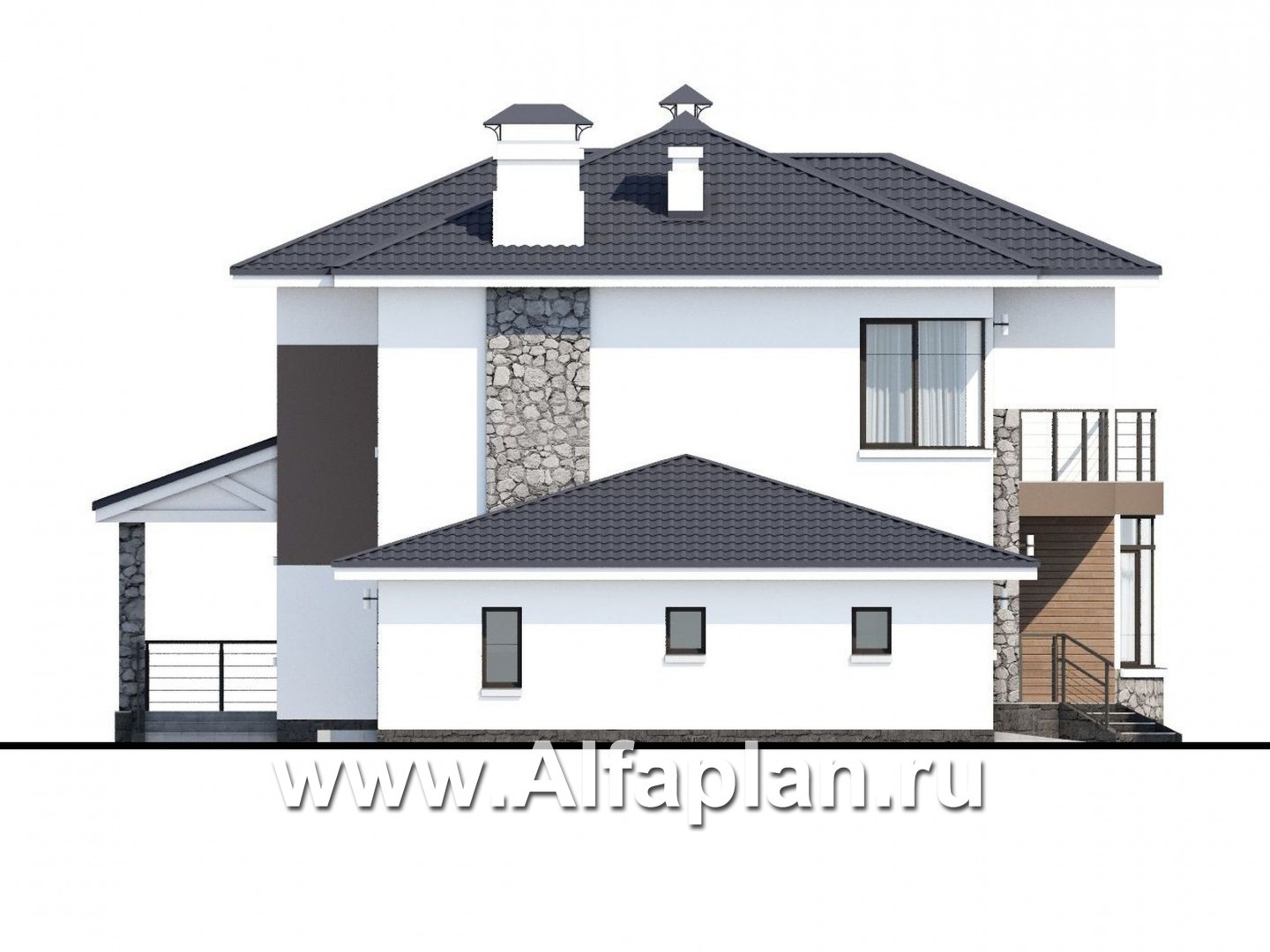 Проекты домов Альфаплан - «Гедонист» -  проект двухэтажного дома с двусветной столовой, с террасой и балконом, гараж, в скандинавском стиле - изображение фасада №3