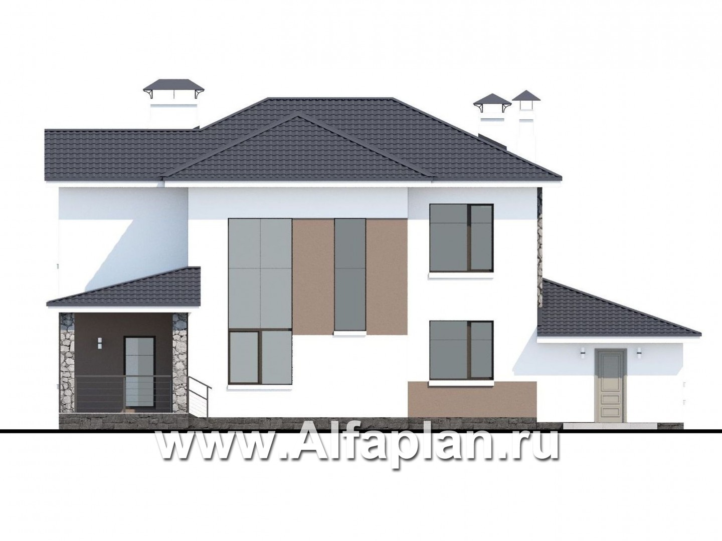 Проекты домов Альфаплан - «Гедонист» -  проект двухэтажного дома с двусветной столовой, с террасой и балконом, гараж, в скандинавском стиле - изображение фасада №4