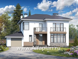 Проекты домов Альфаплан - «Гедонист» -  проект двухэтажного дома с двусветной столовой, с террасой и балконом, гараж, в скандинавском стиле - превью основного изображения