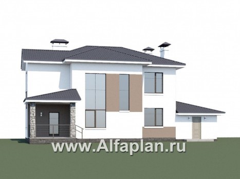 Проекты домов Альфаплан - «Гедонист» -  проект двухэтажного дома с двусветной столовой, с террасой и балконом, гараж, в скандинавском стиле - превью дополнительного изображения №1