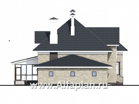 «Принцесса осени» - проект дома с мансардой, с эркером в кабинете, с террасой и с гаражом, в стиле замка - превью фасада дома