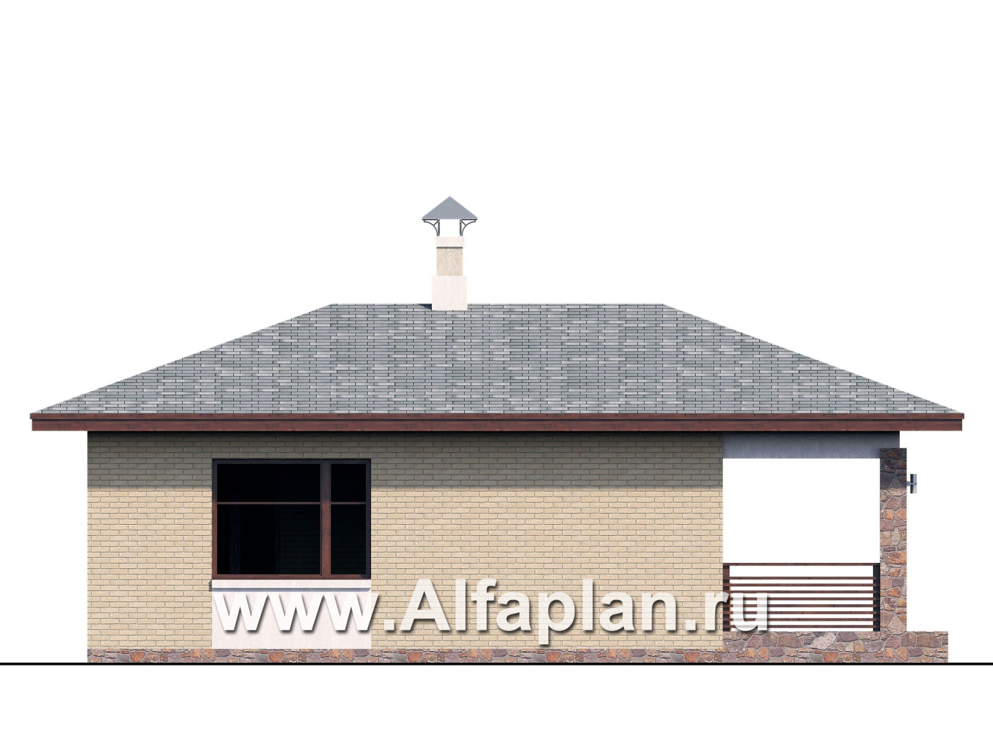 Проекты домов Альфаплан - «Виньон» - проект одноэтажного дома, планировка с большой террасой, 2 спальни - изображение фасада №3