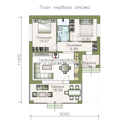 Проекты домов Альфаплан - «Виньон» - проект одноэтажного дома, планировка с большой террасой, 2 спальни - превью плана проекта №1