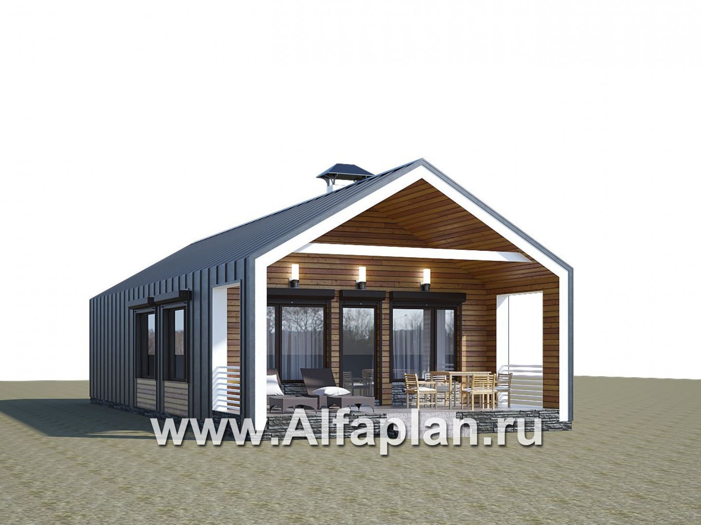 Проекты домов Альфаплан - «Тета» -  проект одноэтажного дома в стиле барн, с террасой, 2 спальни - дополнительное изображение №1