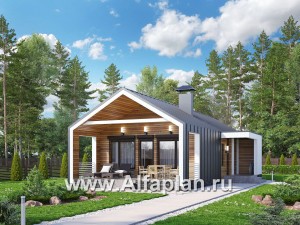 Проекты домов Альфаплан - «Тета» -  проект одноэтажного дома в стиле барн, с террасой, 2 спальни - превью основного изображения