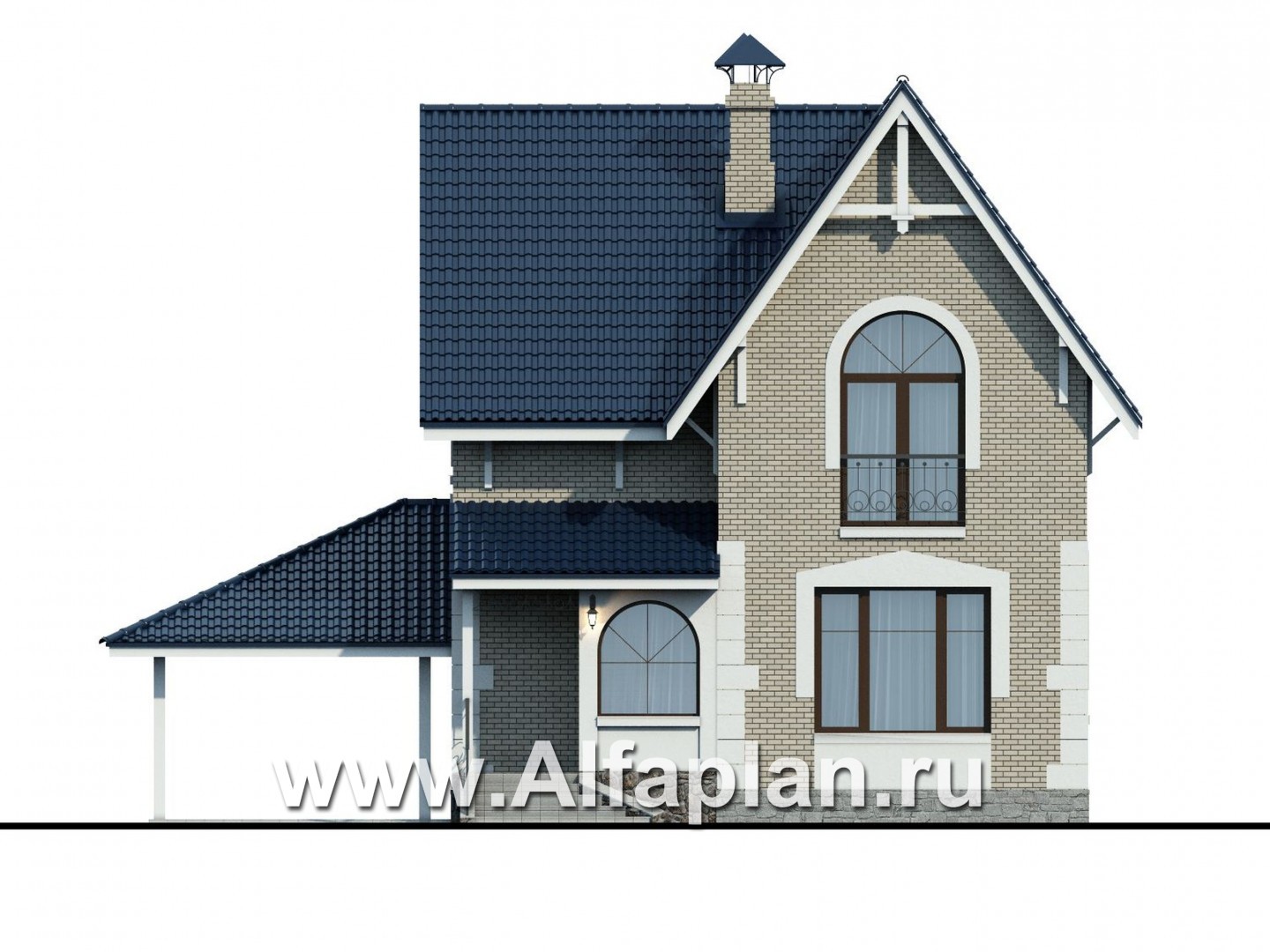 Проекты домов Альфаплан - Проект дома с мансардой из газобетона «Оптима», с гаражом-навесом - изображение фасада №1