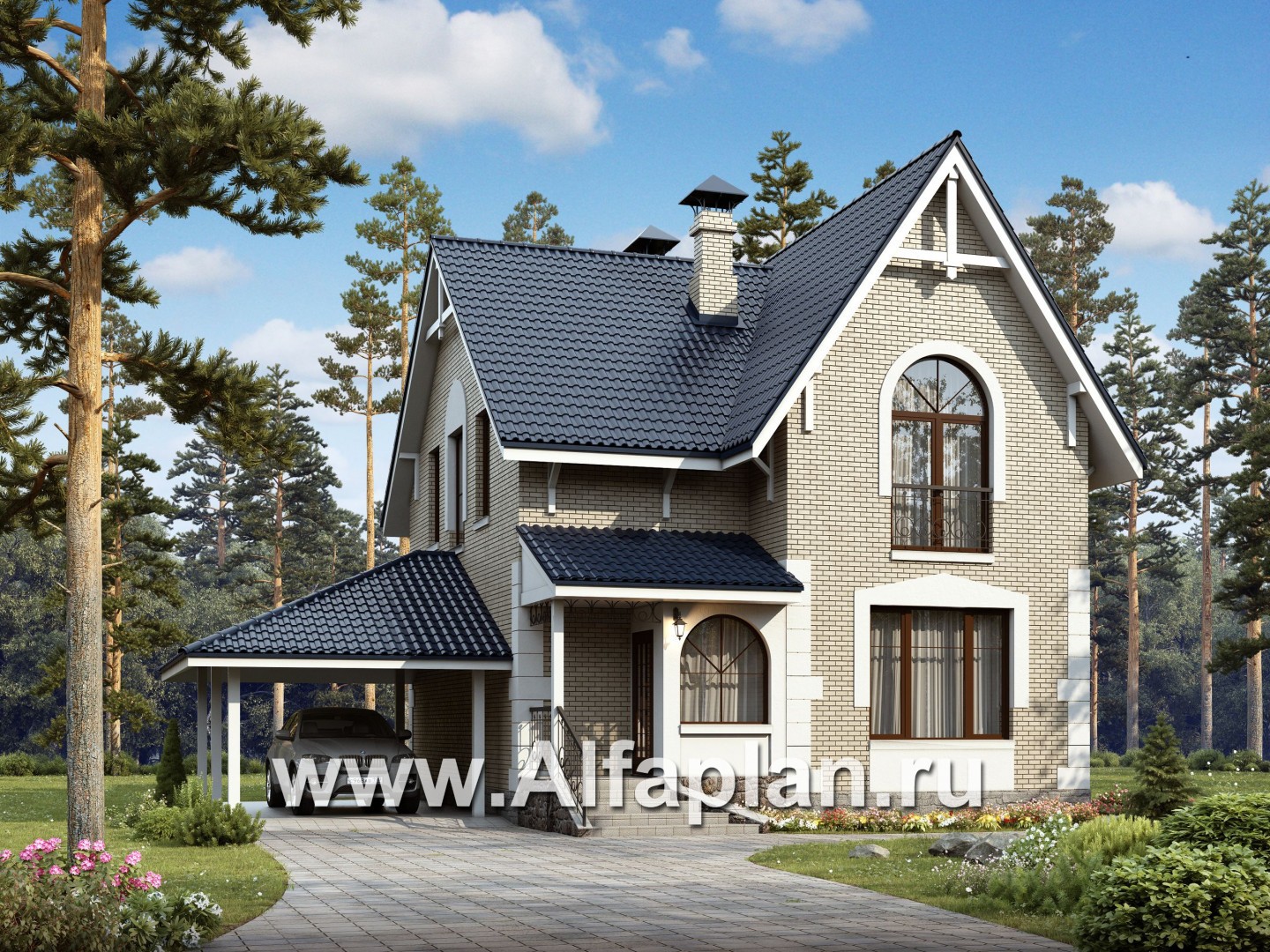 Проекты домов Альфаплан - Проект дома с мансардой из газобетона «Оптима», с гаражом-навесом - основное изображение